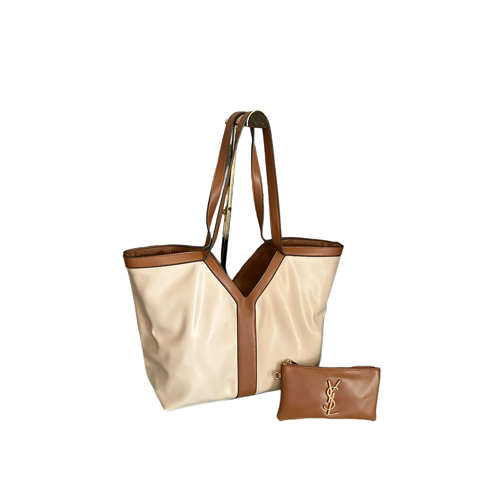 YSL - Canvas Tote Bag " Leather-Trim Y" (Beige)