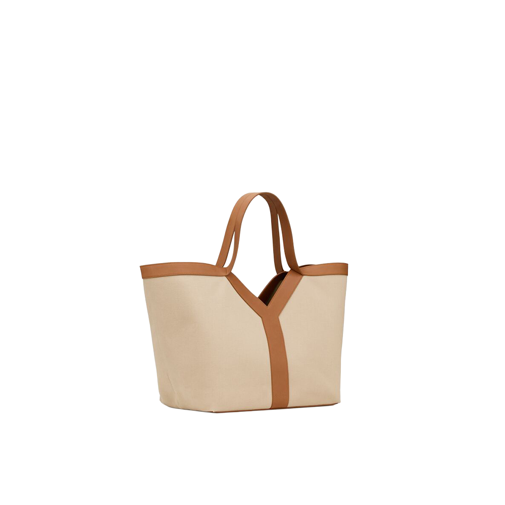 YSL - Canvas Tote Bag " Leather-Trim Y" (Beige)